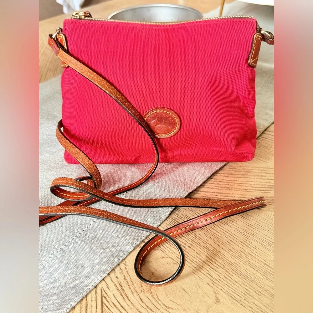 Dooney & Bourke Red Nylon Crossbody Pouchette Shoulder Bag Brown Leather Strap